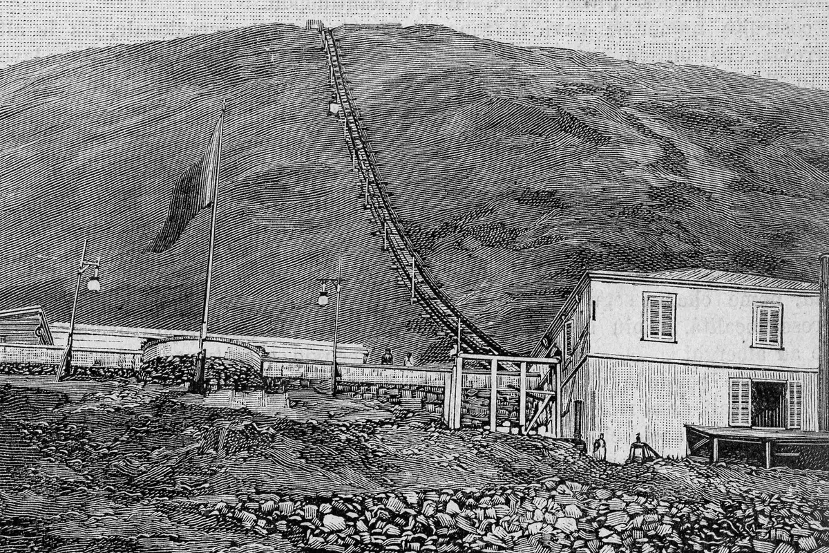 A 19th-century wood engraving of the funicular railway climbing Mount Vesuvius